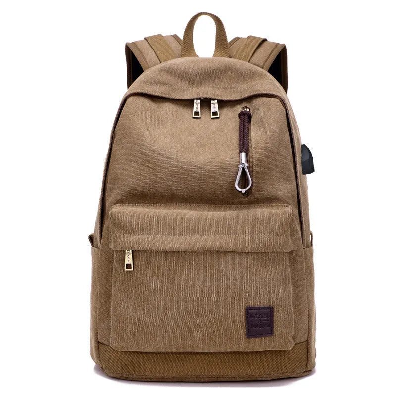 Canvas backpack with USB charging port and laptop compartment in grey colour