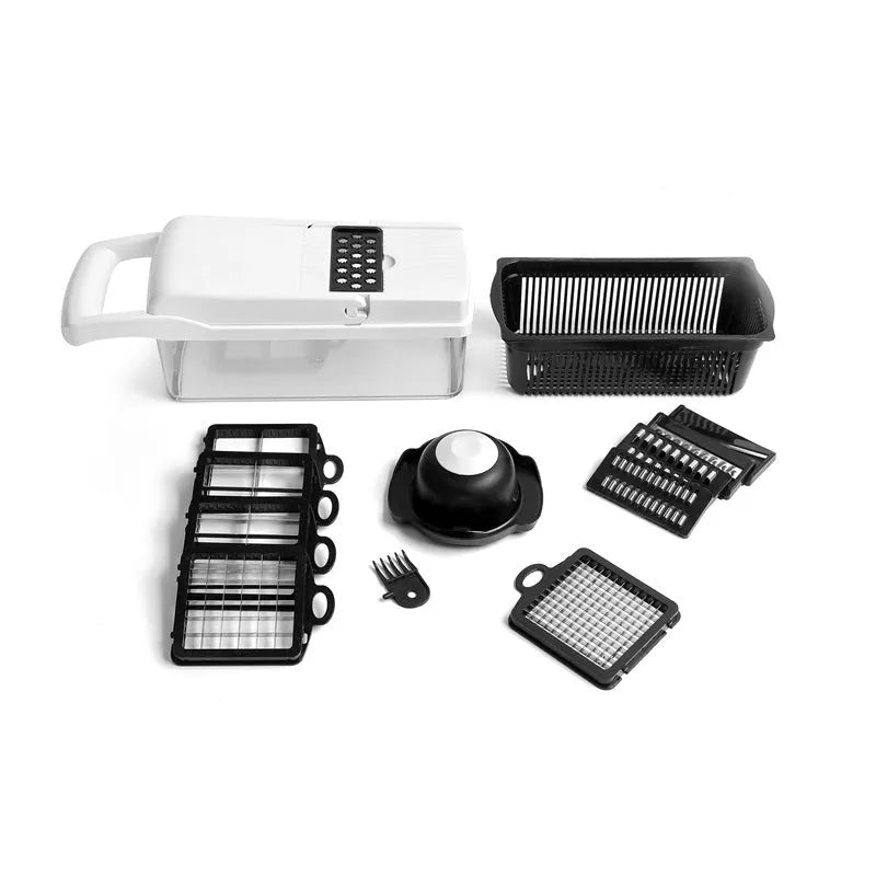 Multipurpose plastic vegetable cutter with 7 blades, drain basket, and hand guard in black colour