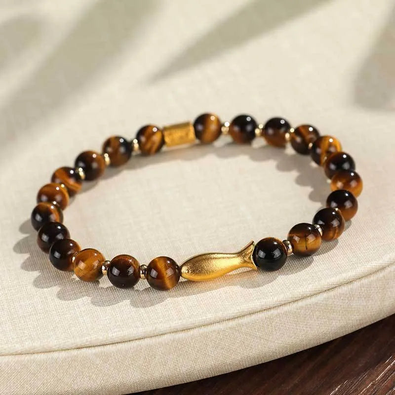Women's Tiger Eye small fish beaded bracelet handmade from natural gemstone with animal design