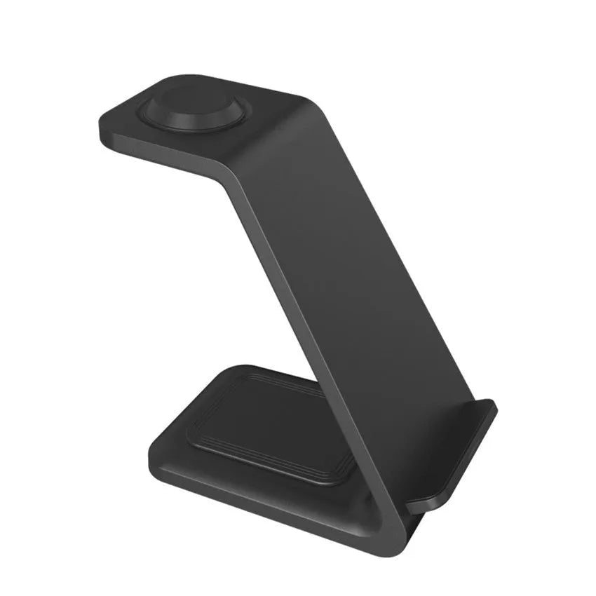 White upright wireless charging stand holding a mobile phone in landscape orientation.
