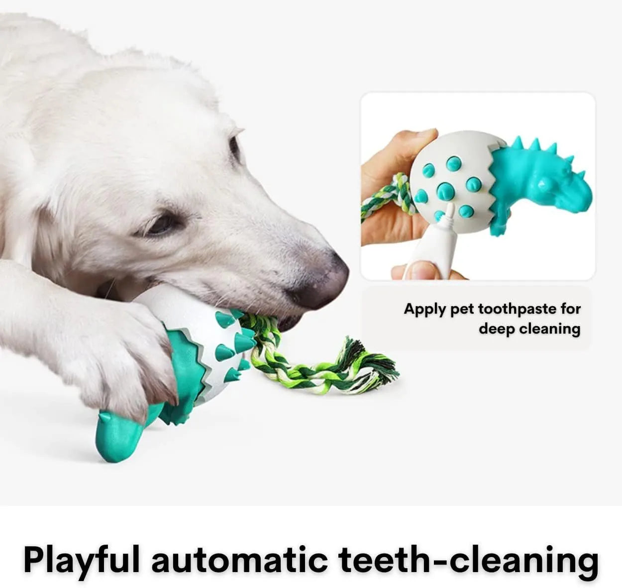 Blue dinosaur-shaped dog chew toy with rope attached for tug games
