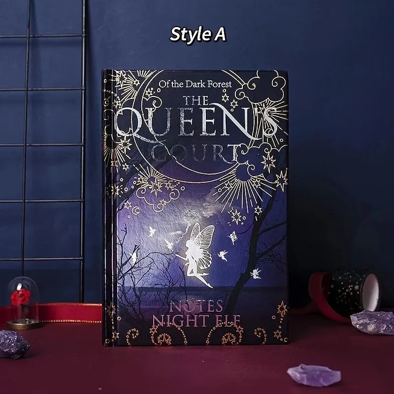 Blue A5 luminous hardcover notebook open to show full-colour illustrated interior pages.