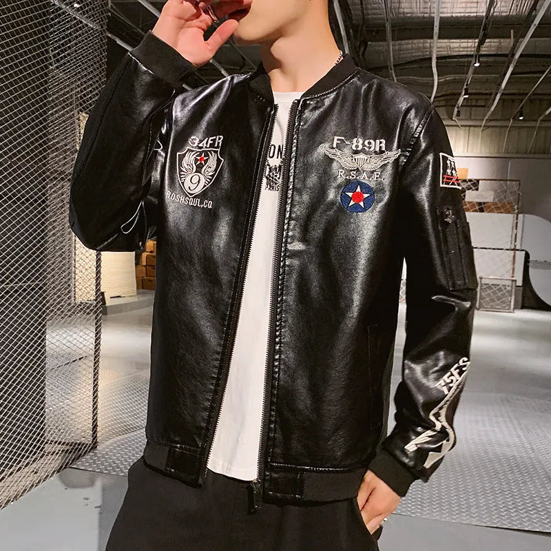 Men's embroidered PU leather motorcycle jacket in black with standing collar and zipper front