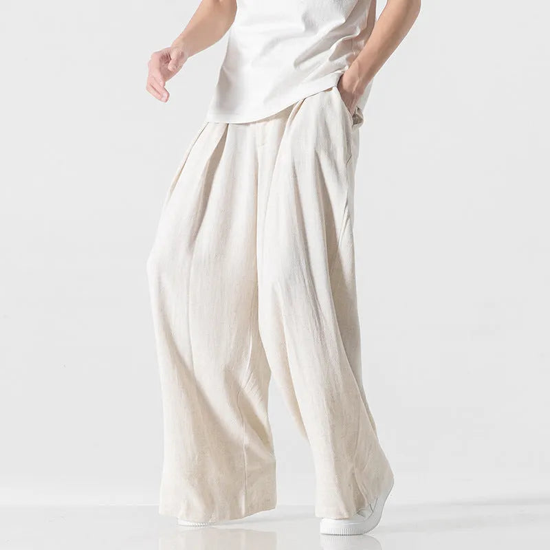 Men's straight-leg linen trousers in beige with drawstring waist, available in Asian sizes M to 5XL