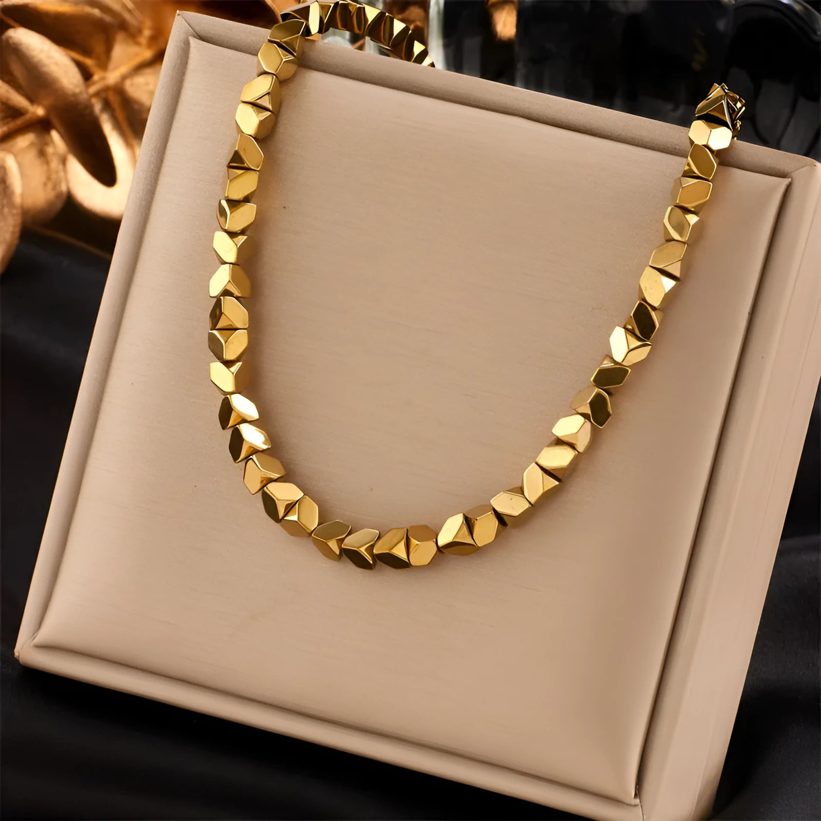 Geometric chamfering square pattern small beaded necklace for women in stainless steel colour N1817
