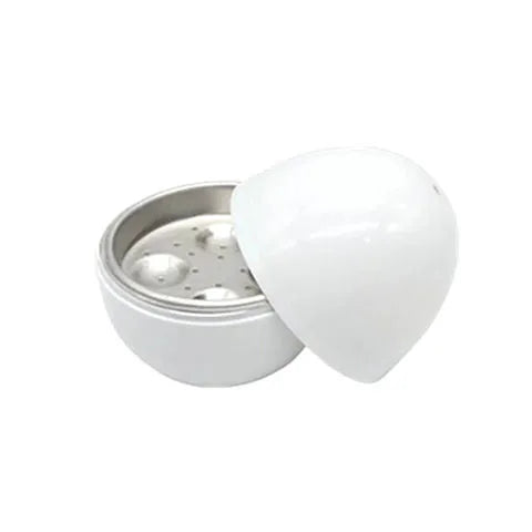 White microwave egg cooker for boiling up to 4 eggs with adjustable cooking settings