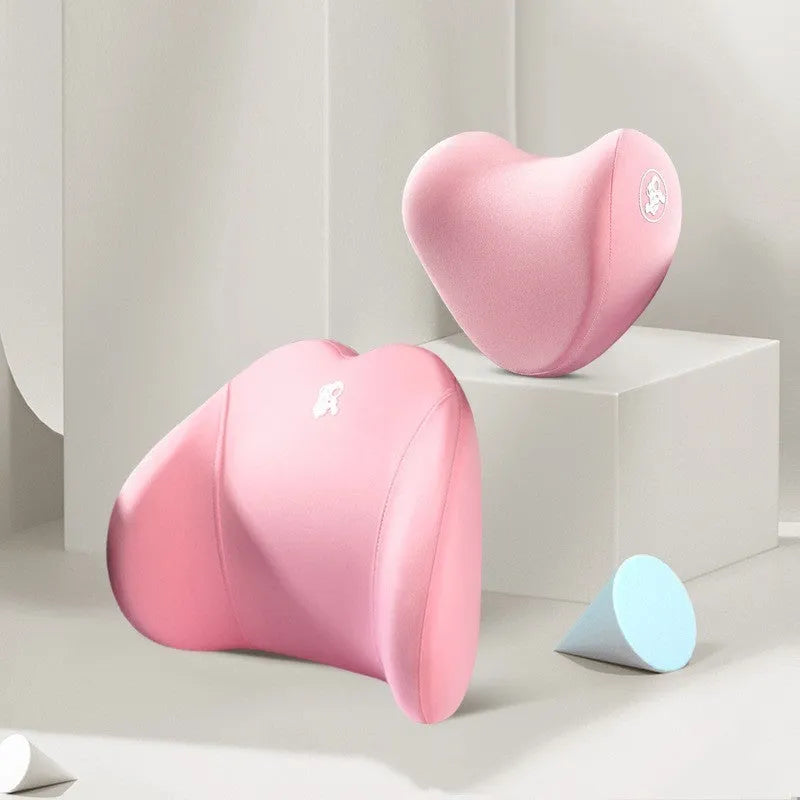 Heart-shaped car pillow set in various colours for lumbar and headrest support.