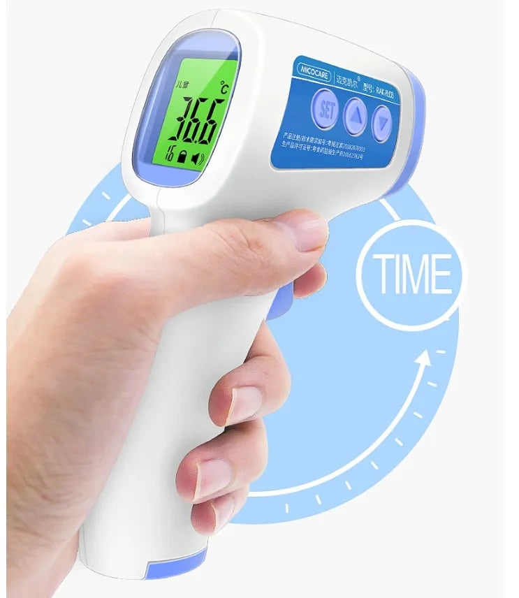 White RAK-FI03 non-contact infrared forehead thermometer with English interface and AAA battery compartment