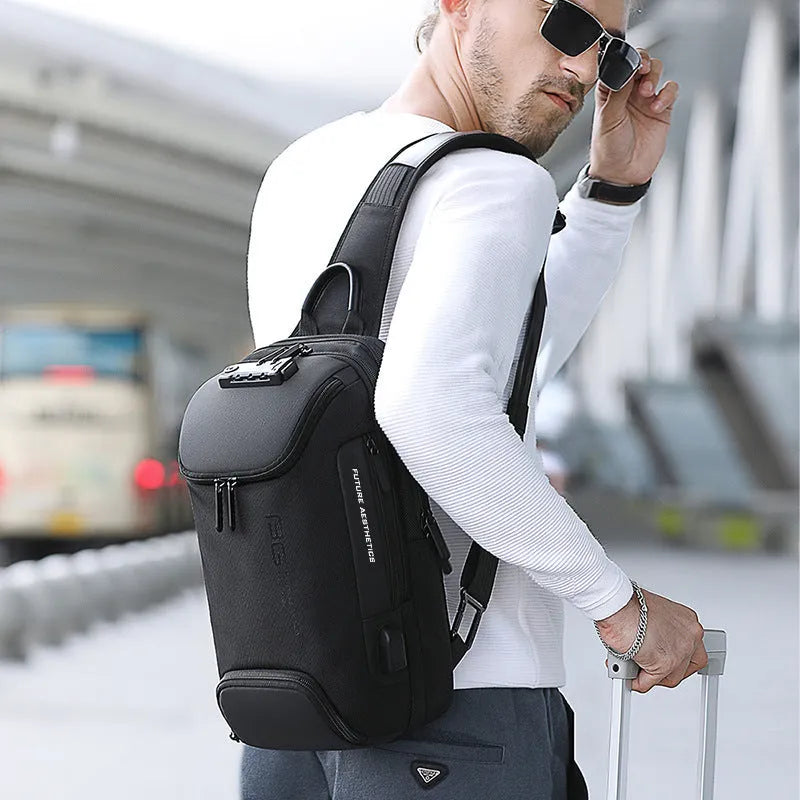 Men's Oxford cloth sling bag in black, 21x12x35cm, with three compartments and iPad pocket