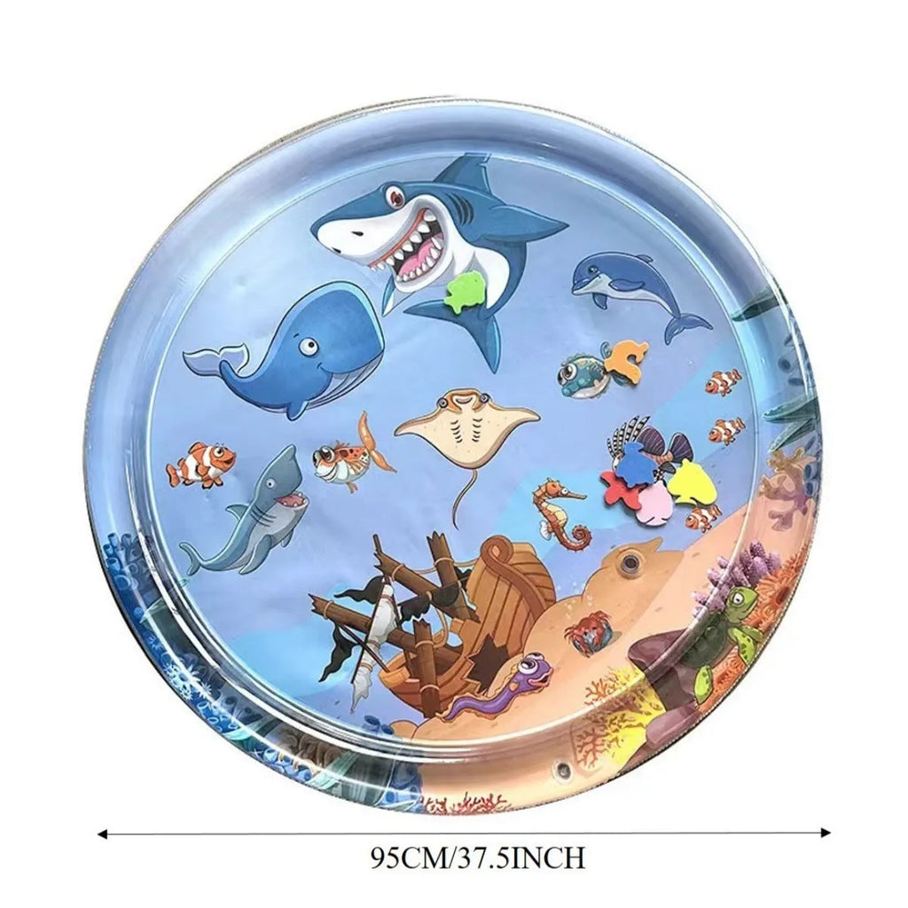 Large square blue water playmat for cats with floating fish toys inside, shown on a floor.