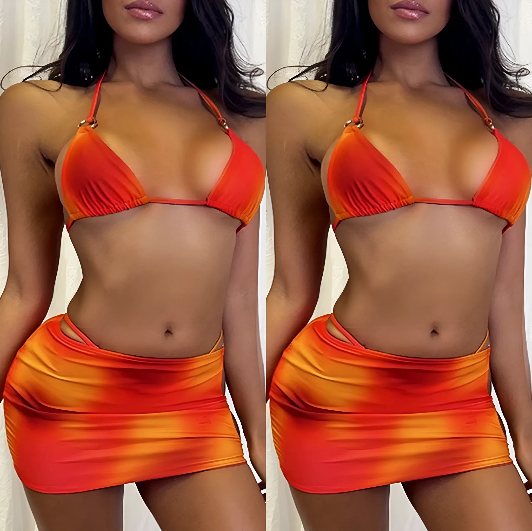 Solid-colour halterneck bikini three-piece swimsuit set with skirt, shown in sizes S, M, L.