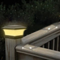 Compact 5W solar LED landscape light measuring 153x153x97mm with warm and white light options