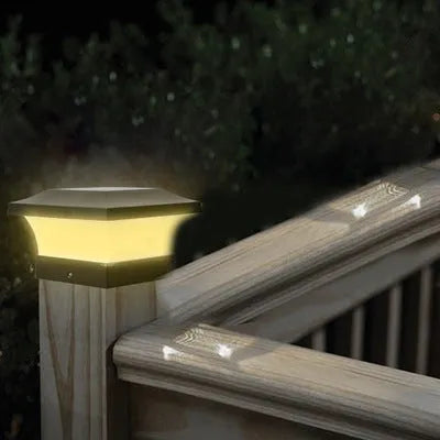 Compact 5W solar LED landscape light measuring 153x153x97mm with warm and white light options