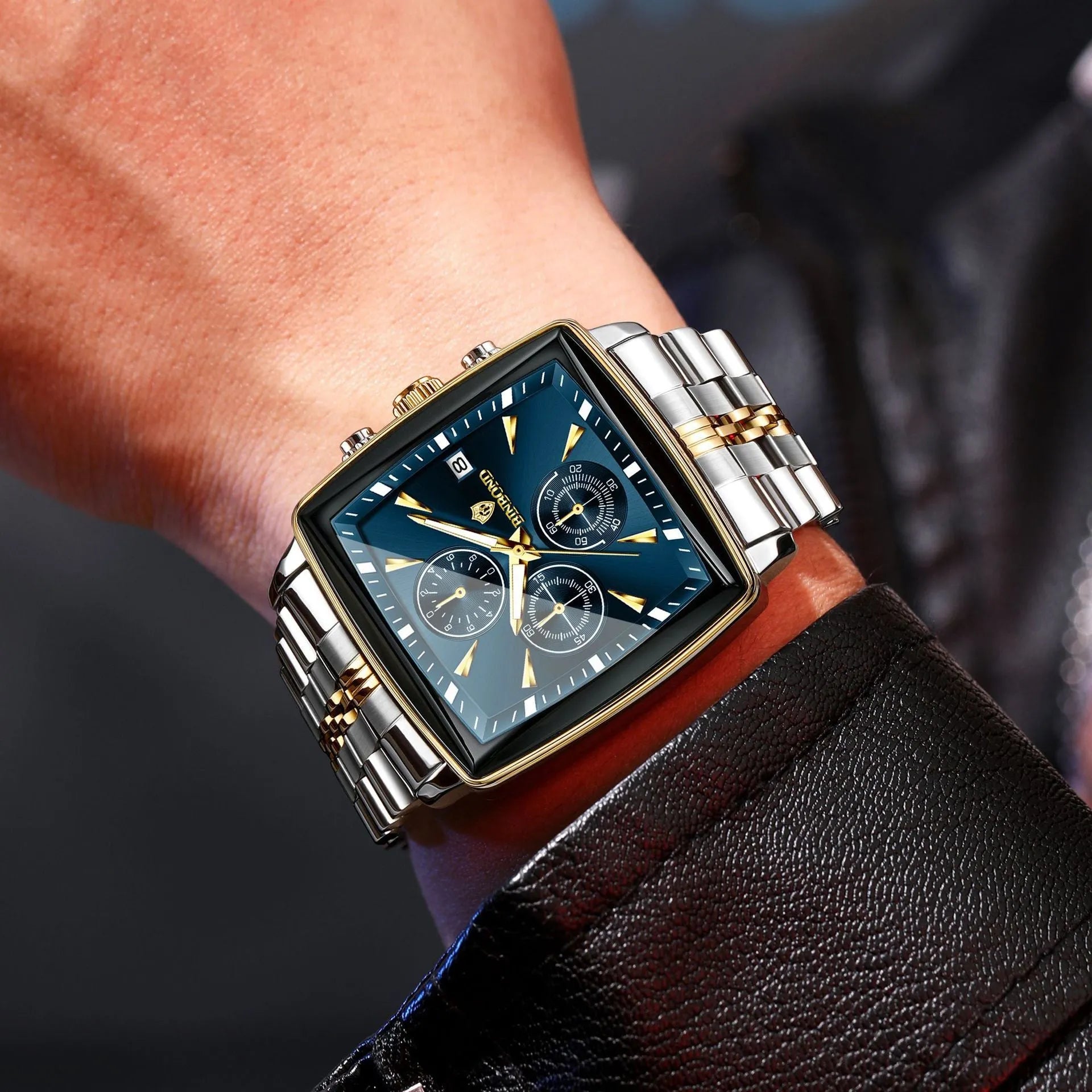 Men's rectangular dial quartz watch with luminous hands and stainless steel strap in gold-black colour combination