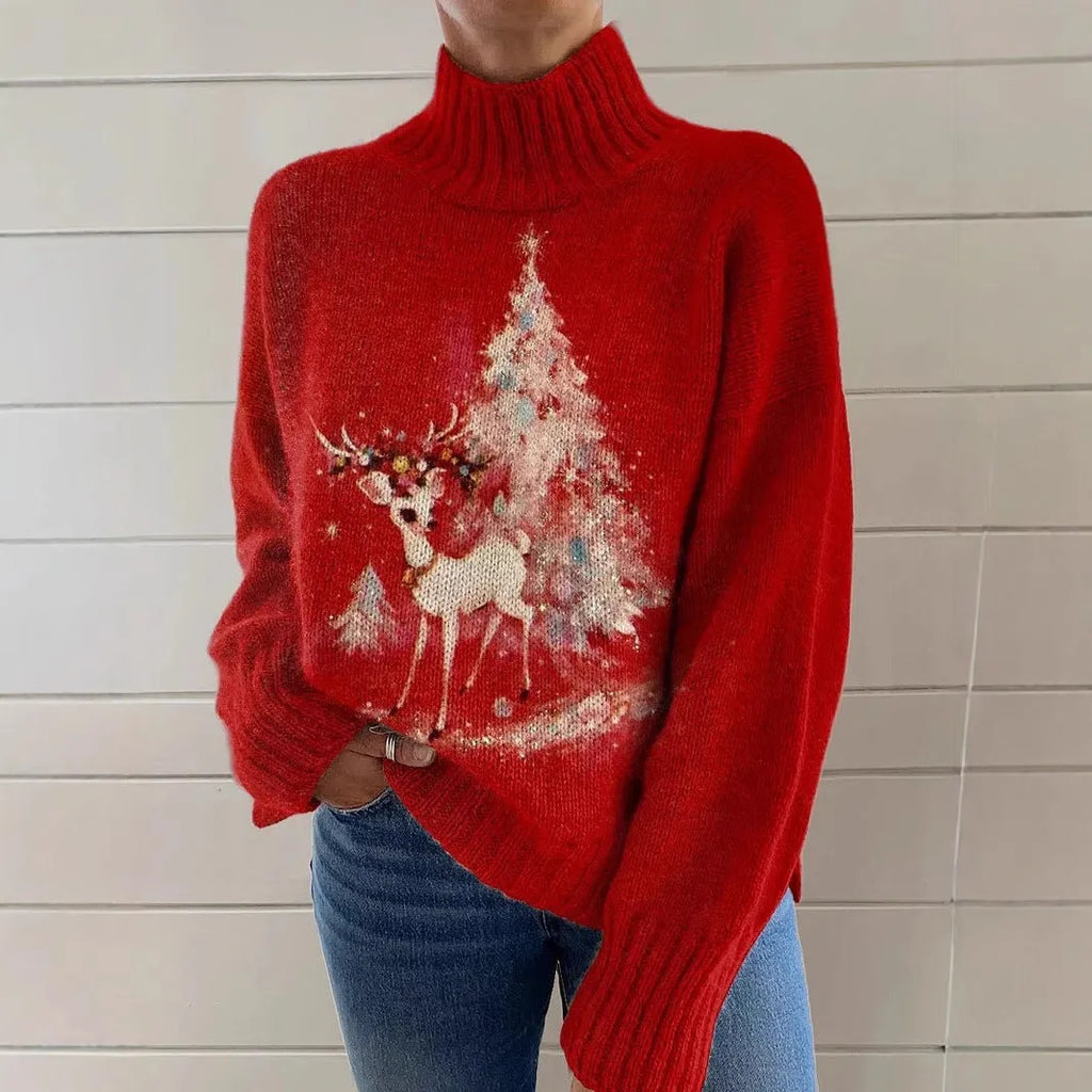 Women's loose-fit Christmas printed turtleneck sweater in a soft macaron colour.