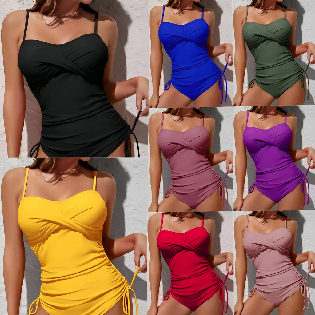 Women's solid colour one-piece swimsuit with high waist and backless design in yellow, black, red, blue, rose, Rouge, purple or dark green.