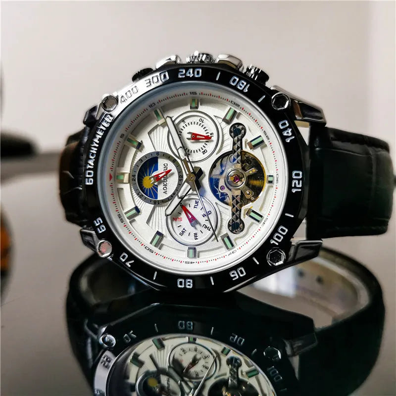 Men's automatic mechanical watch with a 12mm steel case on wrist, showing black dial and black case option.