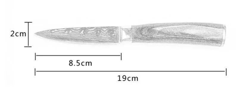 Kitchen knife set with Damascus pattern blades and coloured wood handles on display