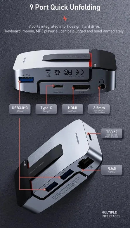 Aluminium alloy space grey bracket-type multifunctional HUB hub with USB3.0, HDMI, RJ45, Type-C ports