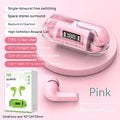 Transparent wireless Bluetooth headset with digital display on case, shown in pink colour