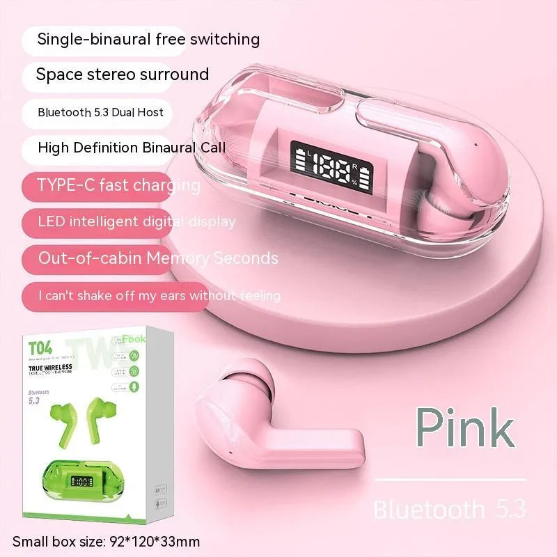 Transparent wireless Bluetooth headset with digital display on case, shown in pink colour