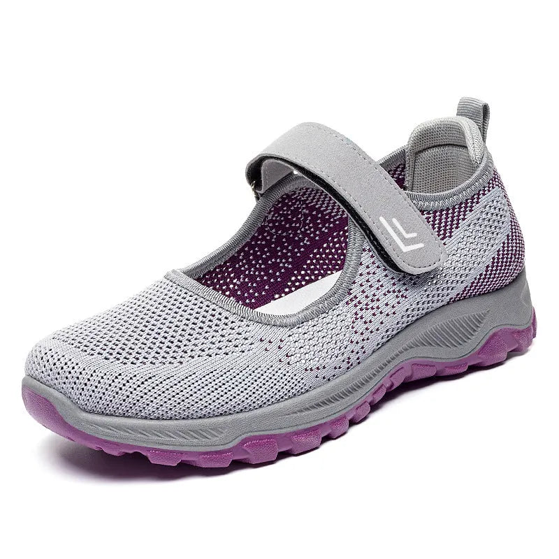 Women's Velcro walking shoes in Flyknit with mesh lining, low 1-3cm heel and round toe, Black And Purple