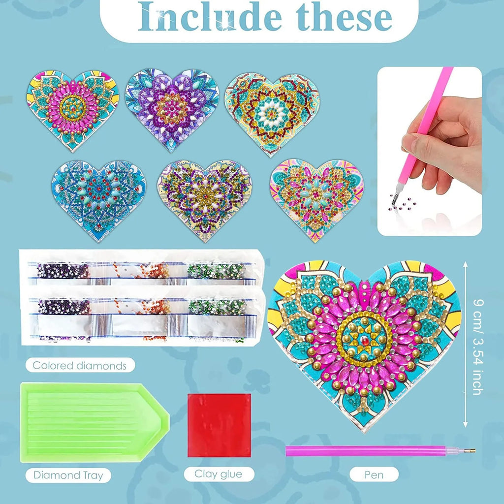 Set of six handmade PU leather bookmarks with crystal floral cornerites on a white background.