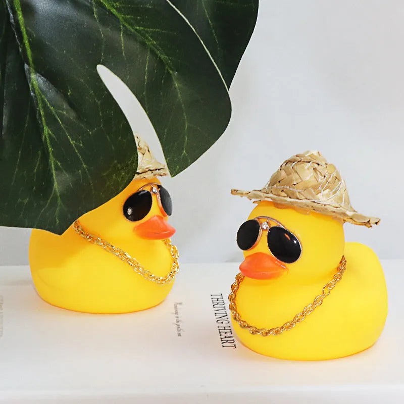 Straw hat yellow duck car dashboard ornament with sunglasses accessory on matte finish