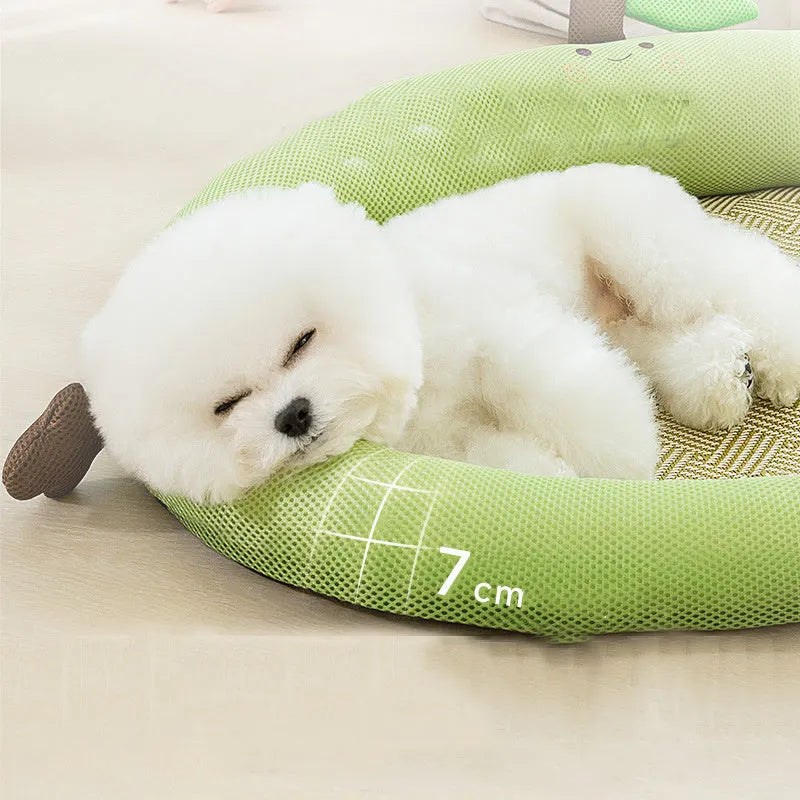 Green fruit backrest dog nest bed on a wooden floor, showing its cotton linen material and size scale.
