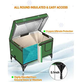 Green foldable cloth cat cage set up, showing S, M, and L size options.