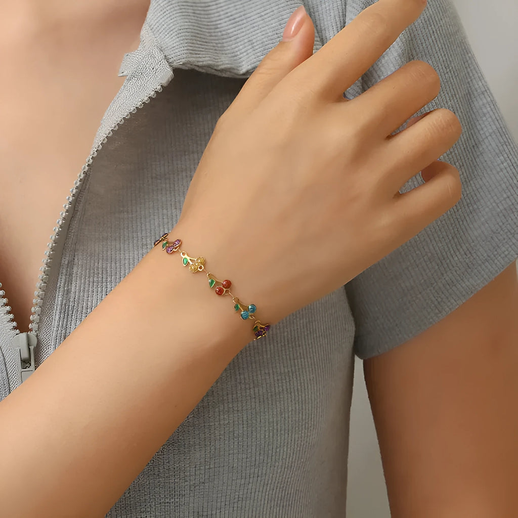 Alloy bracelet and necklace set with hand-painted dripping oil geometric pattern and cherry pendant in colourful finish