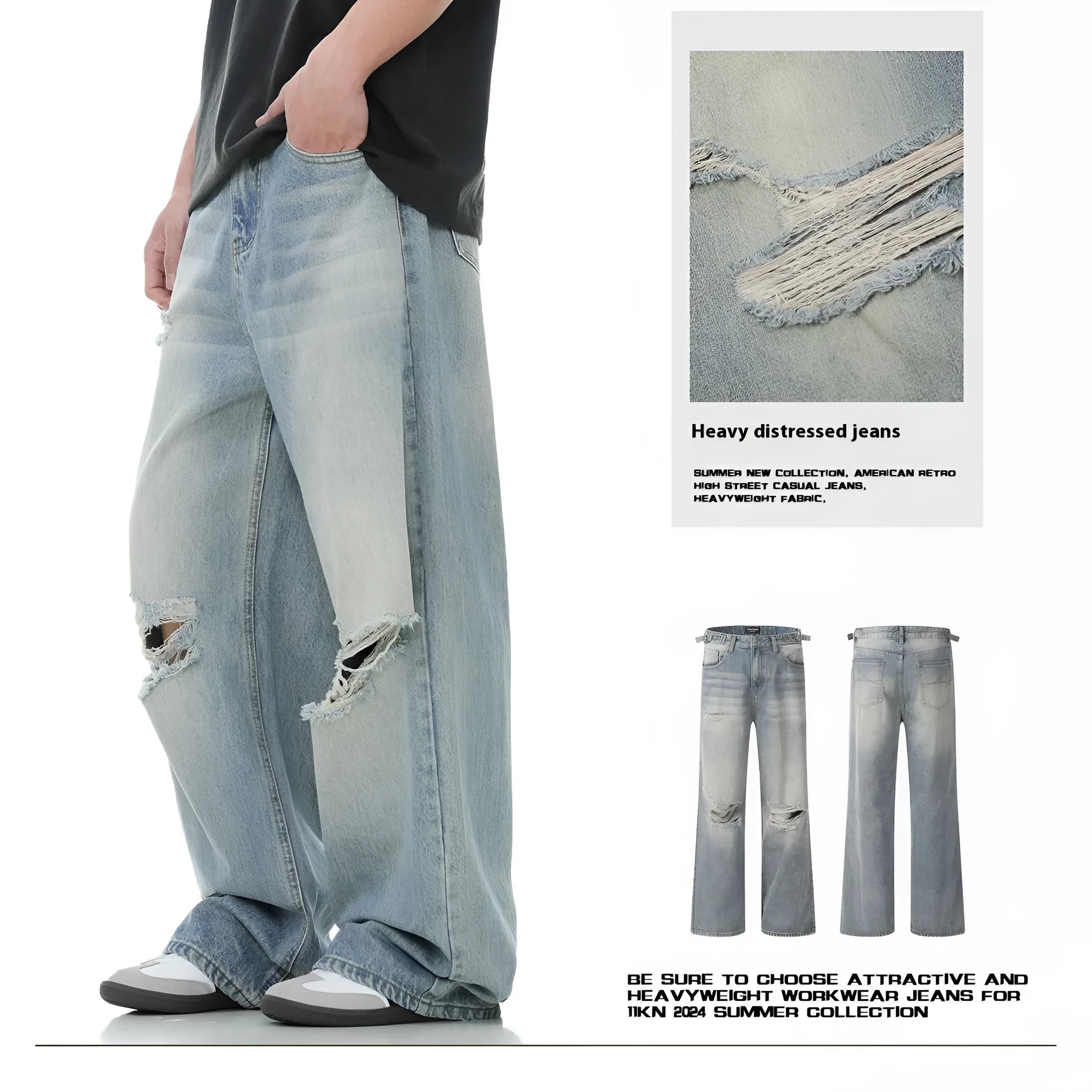 Blue straight-leg men's jeans with retro ripped detailing and zipper fly