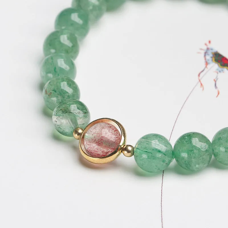 Hand-woven green strawberry quartz bracelet with 7.5mm beads in Chinese style geometric design