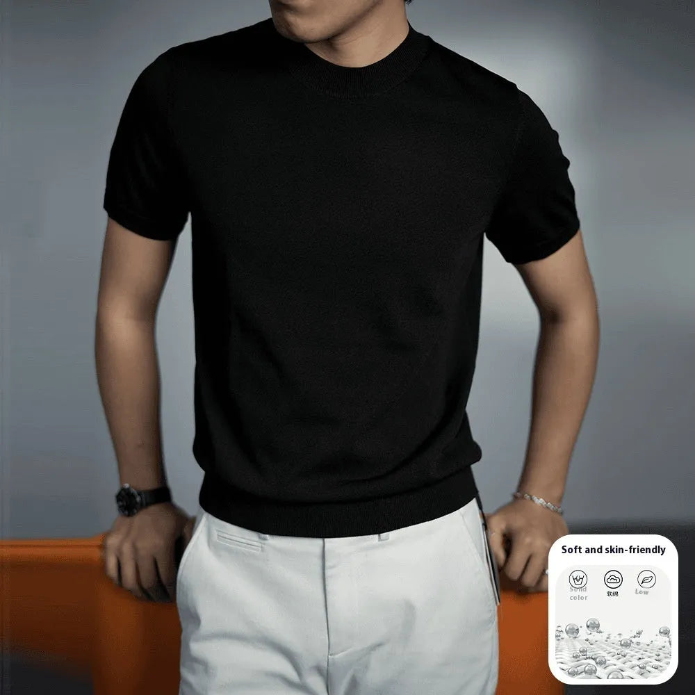 Men's knitted business T-shirt in solid colours with round neck and short sleeves