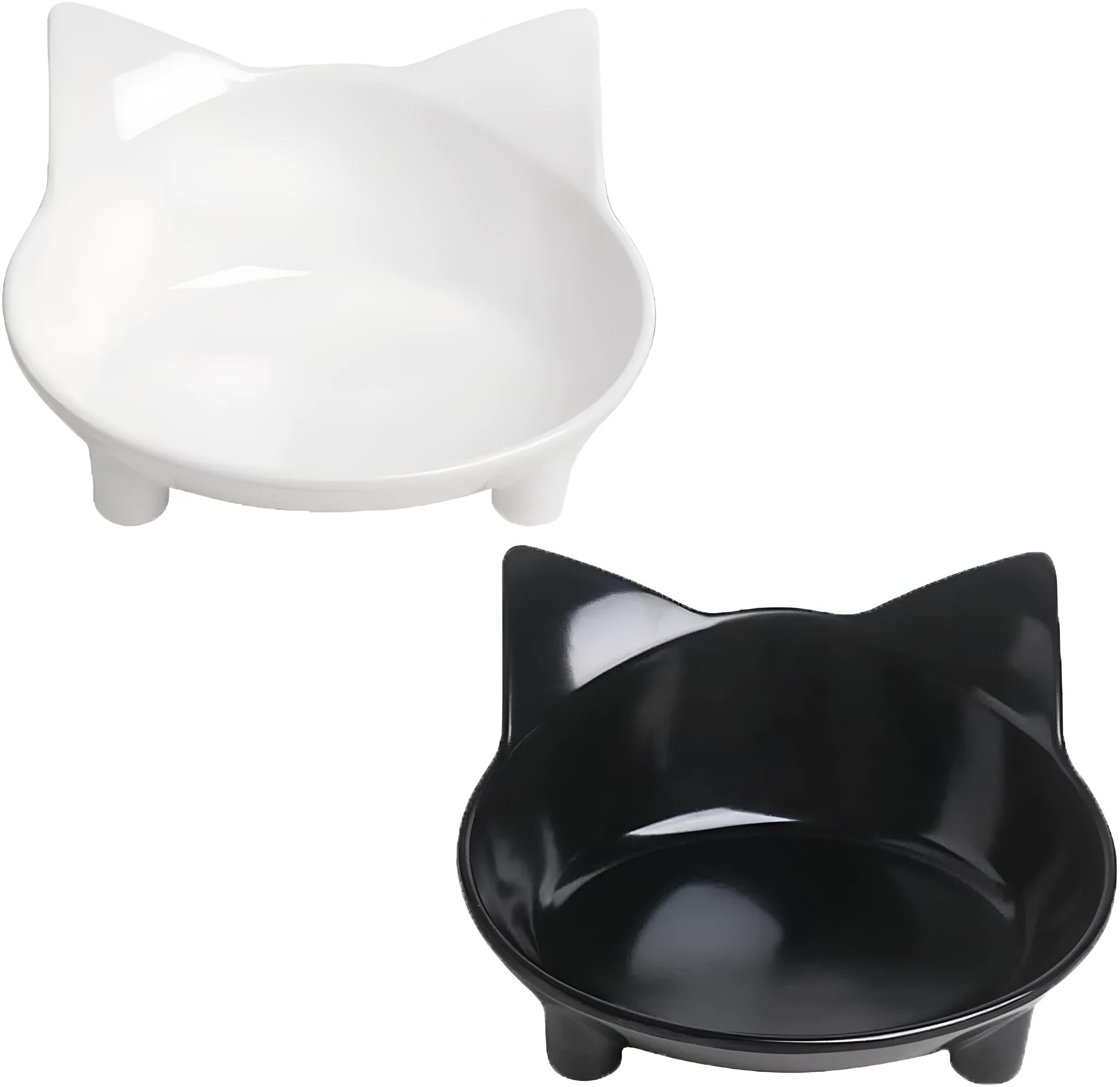 A shallow black melamine pet bowl with a non-slip rubber base on a kitchen surface.