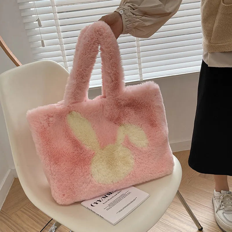 Women's plush tote bag with rabbit ears in solid colour
