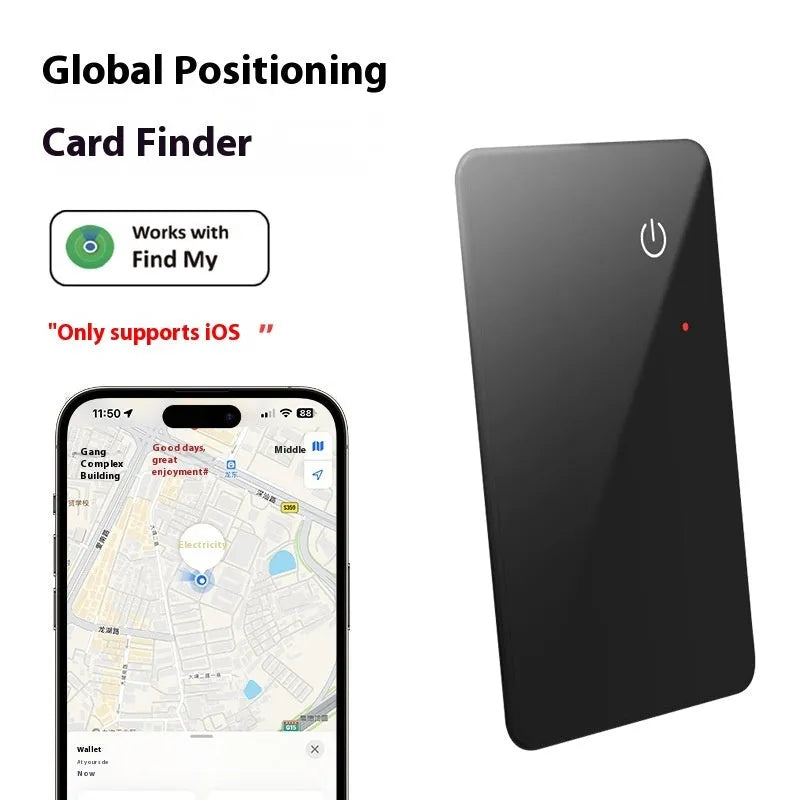 Black card-shaped pet tracking device with wireless charging and NFC capabilities