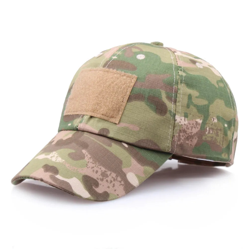 Velcro camouflage baseball cap with embroidered patch on polyester twill fabric, one size
