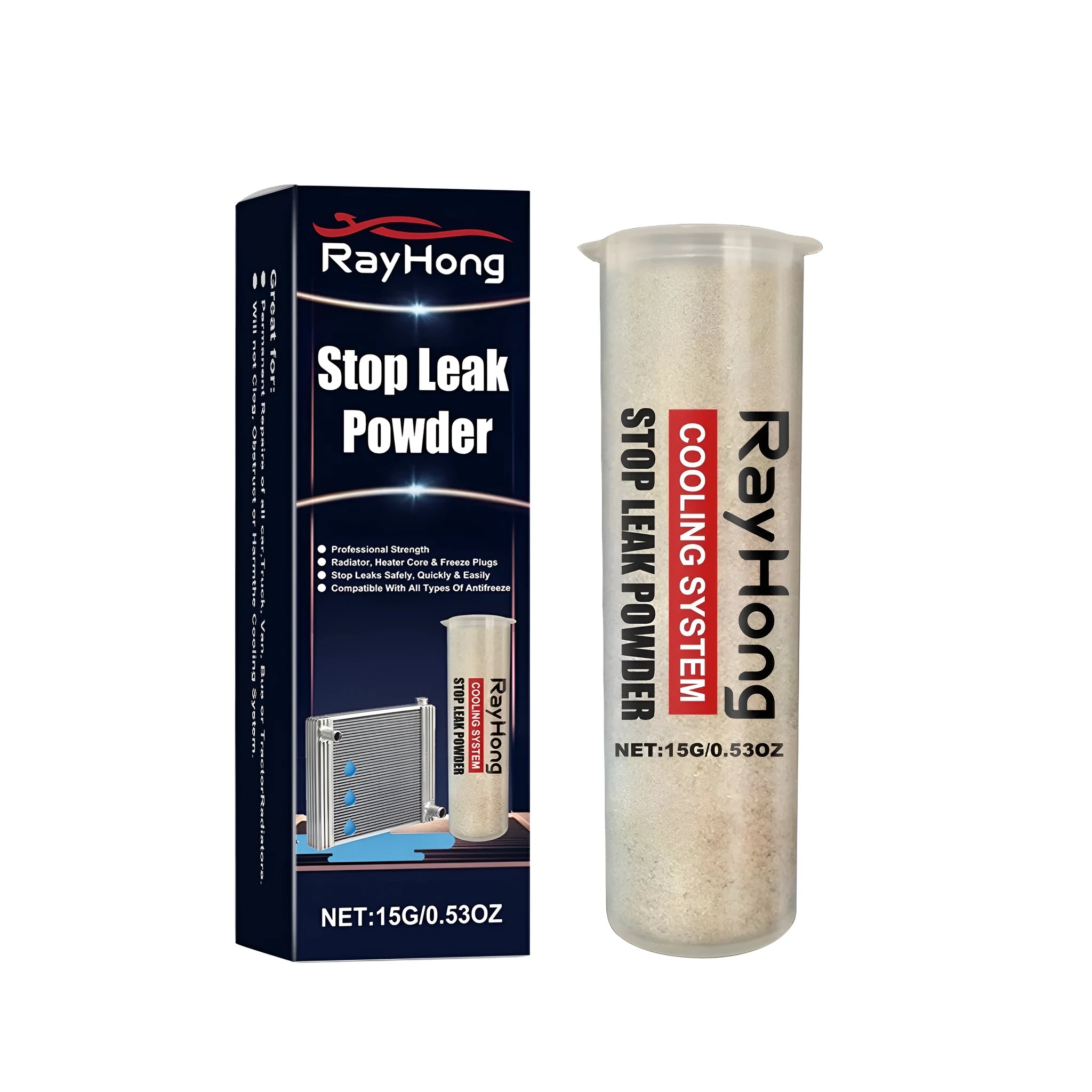 A small 2.5x8.8cm PP plastic bottle of stop leak powder for vehicle coolant systems.
