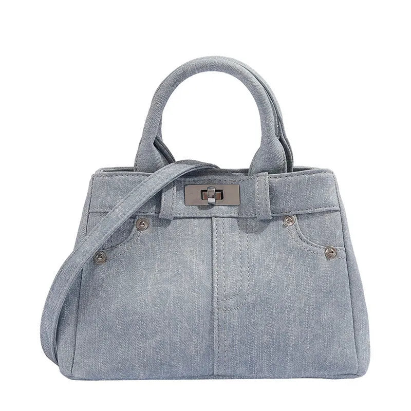 Women's denim-style shoulder bag in soft PU material with standard size and polyester lining