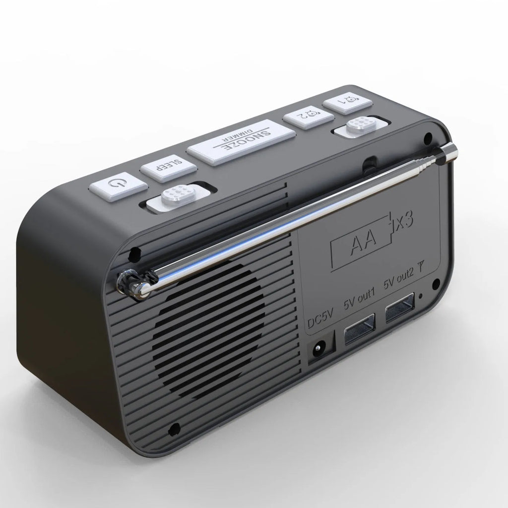 Black DAB bedside alarm clock with LED display, control buttons, pig tail antenna and USB ports