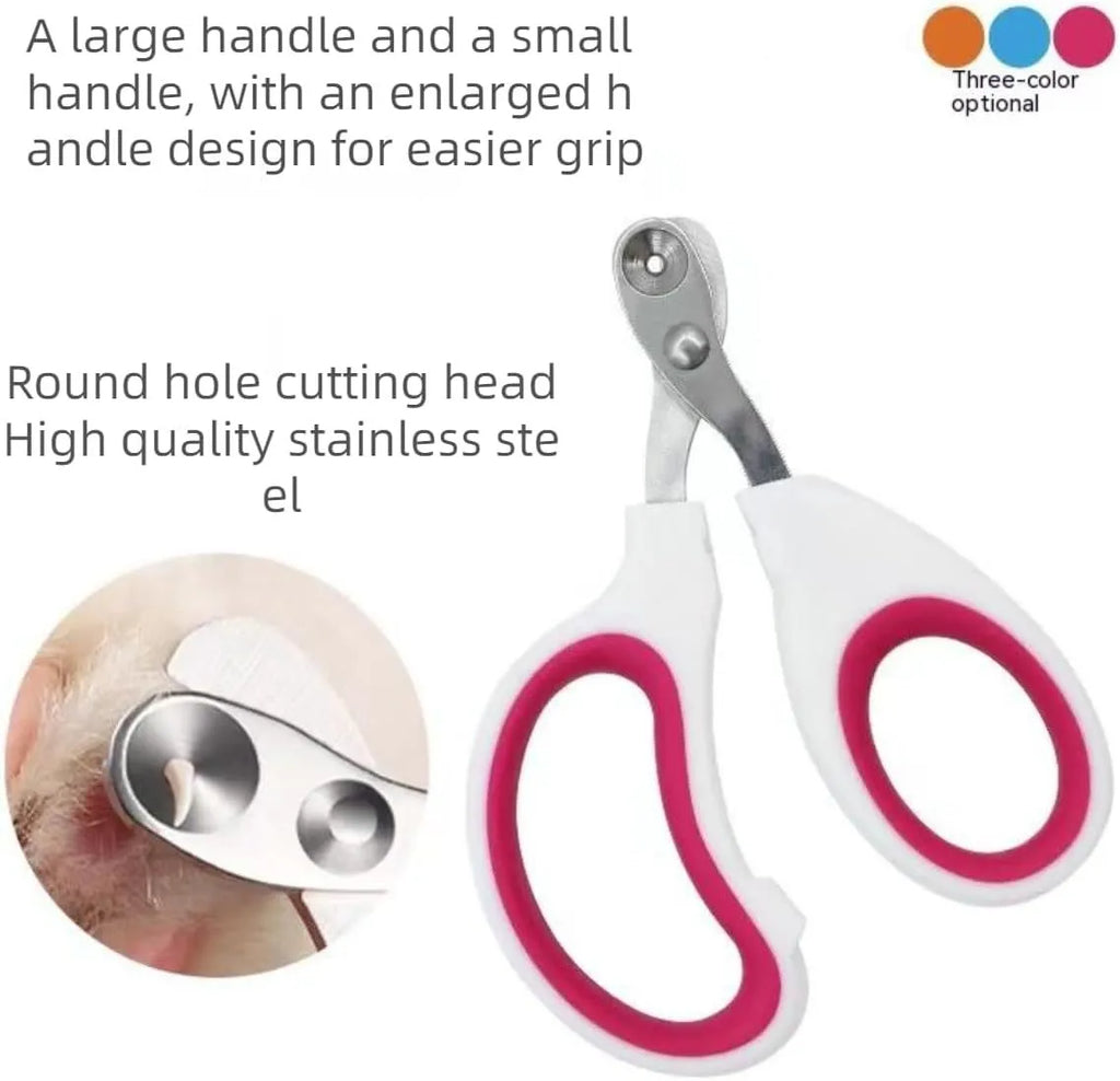Blue cat nail clippers with circular cut hole and cushioned non-slip handle
