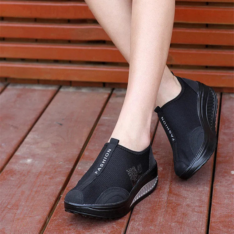 Women's casual wedge platform sneakers in 259 Black with mesh upper, round toe, and lace-up closure
