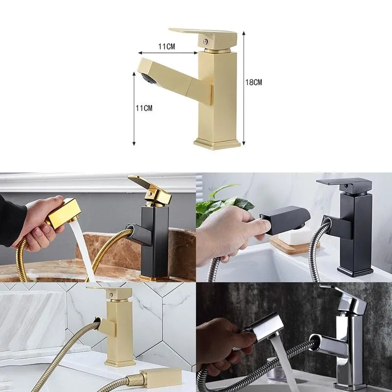 Nordic style brass brushed gold pull faucet for hot and cold water with square design