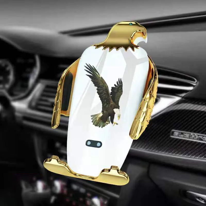 Eagle style car phone holder with wireless charging and suction cup mount in black and gold colours