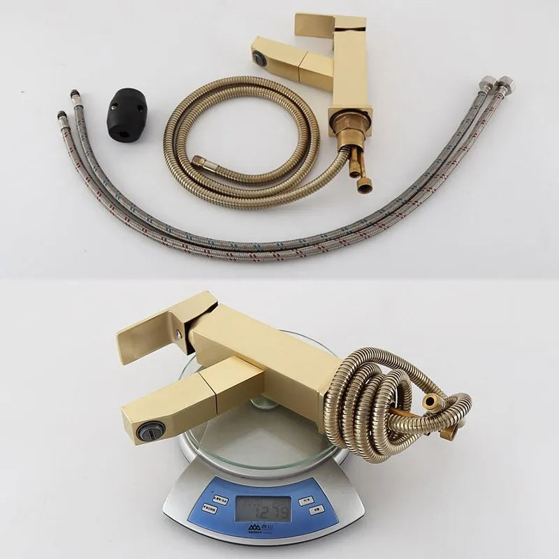 Nordic style brass brushed gold pull faucet for hot and cold water with square design