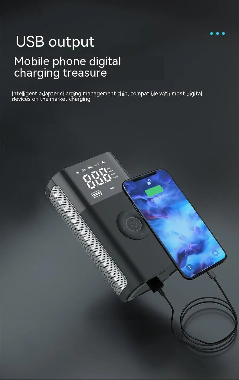 Black handheld digital car tyre pump with LED display and attached air hose, alongside bicycle and ball nozzles.