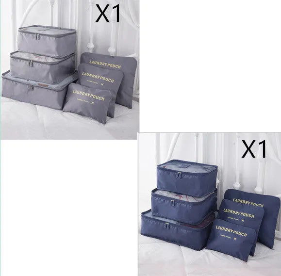 6 PCS travel storage bag set in polyester with handbag shape, multiple colour options for clothes and cosmetic organisation