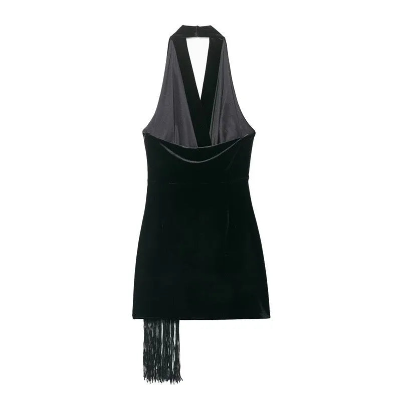 Women's hooded fringe-trimmed short dress in black mercerised cotton knit with pleated detail