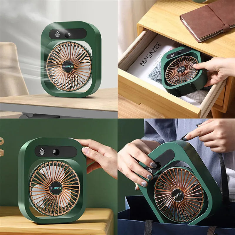 Green and white portable USB misting fan with water tank and adjustable vents
